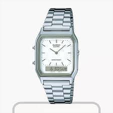 Casio AQ-230A-7DMQ men’s analog-digital watch with white dial and stainless steel bracelet – retro quartz timepiece available in Bangladesh (BD).