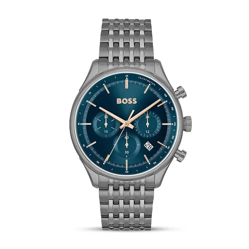 BOSS 1514083 Gregor Chronograph Men's Watch with blue dial and grey stainless steel bracelet, 45mm case.