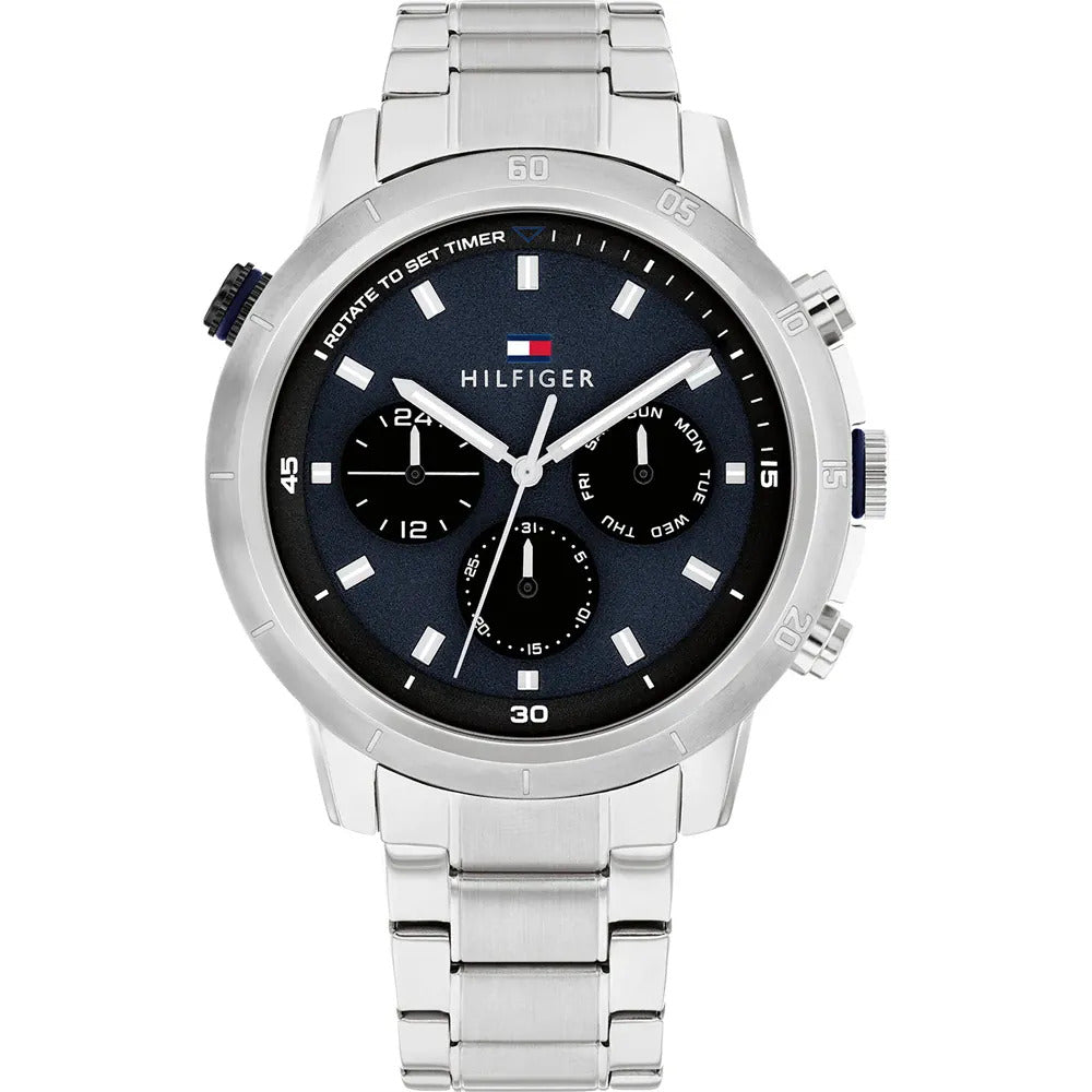 TOMMY HILFIGER 1792104 Troy Multifunction Men's Watch with navy blue dial and silver stainless steel bracelet.