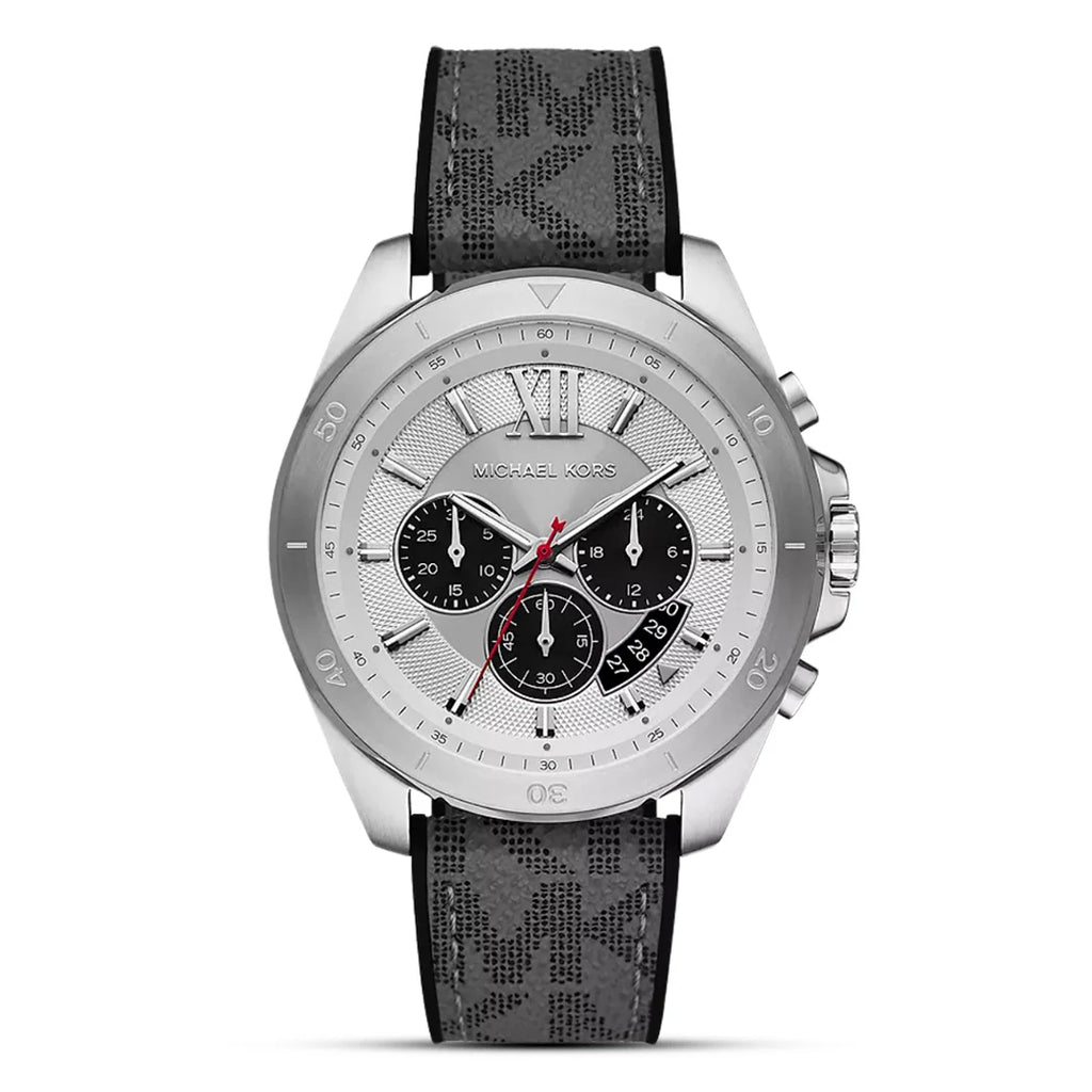 MICHAEL KORS MK8922 Brecken Chronograph Men's Watch with silver dial and black and grey PVC logo strap.