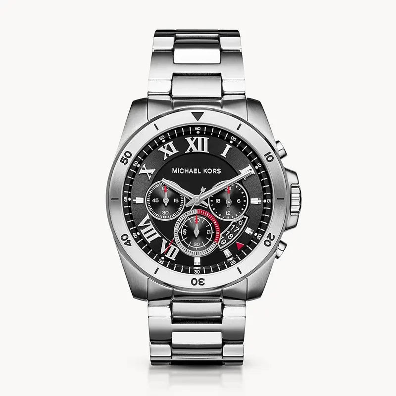 MICHAEL KORS MK8438 Brecken Chronograph Men's Watch with black dial and silver stainless steel bracelet