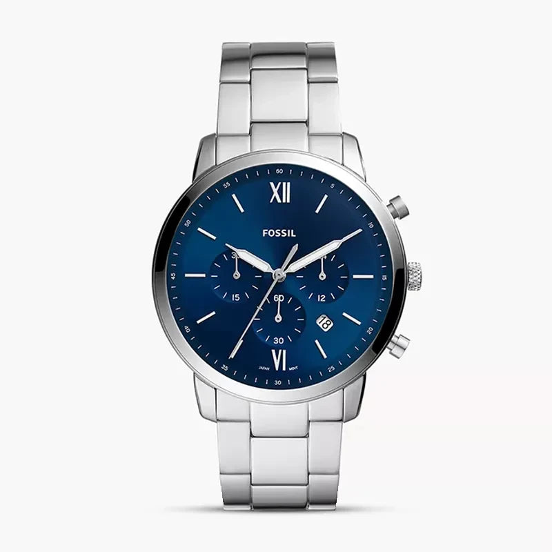 FOSSIL FS5792 Neutra Chronograph Men's Watch with blue sunray dial and silver stainless steel bracelet.