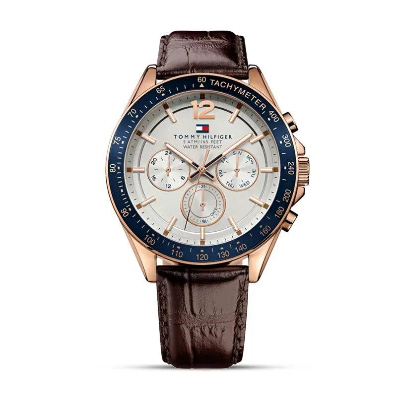 TOMMY HILFIGER 1791118 Luke Multifunction Men's Watch with rose gold-tone case, white dial, and brown leather strap.