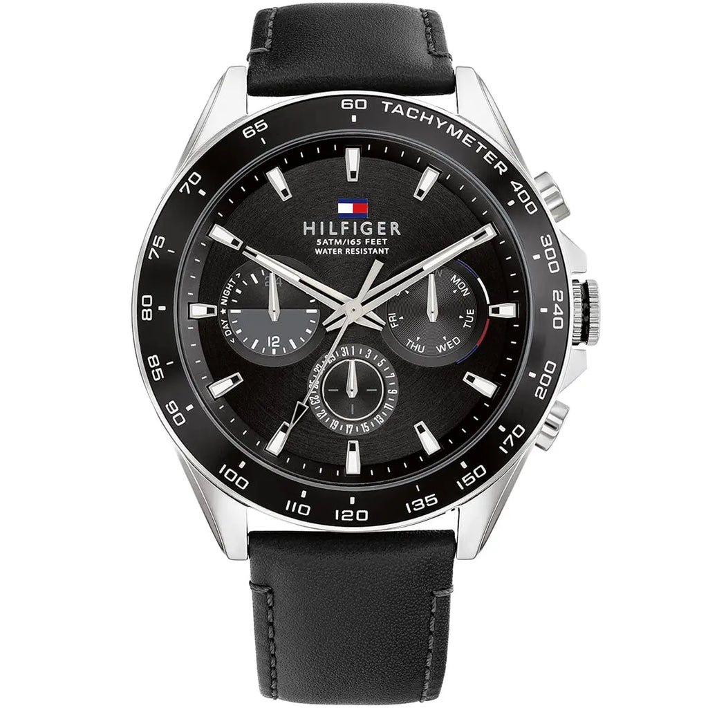 TOMMY HILFIGER 1791964 Owen Multifunction Men's Watch with black dial, silver-tone case, and black leather strap.