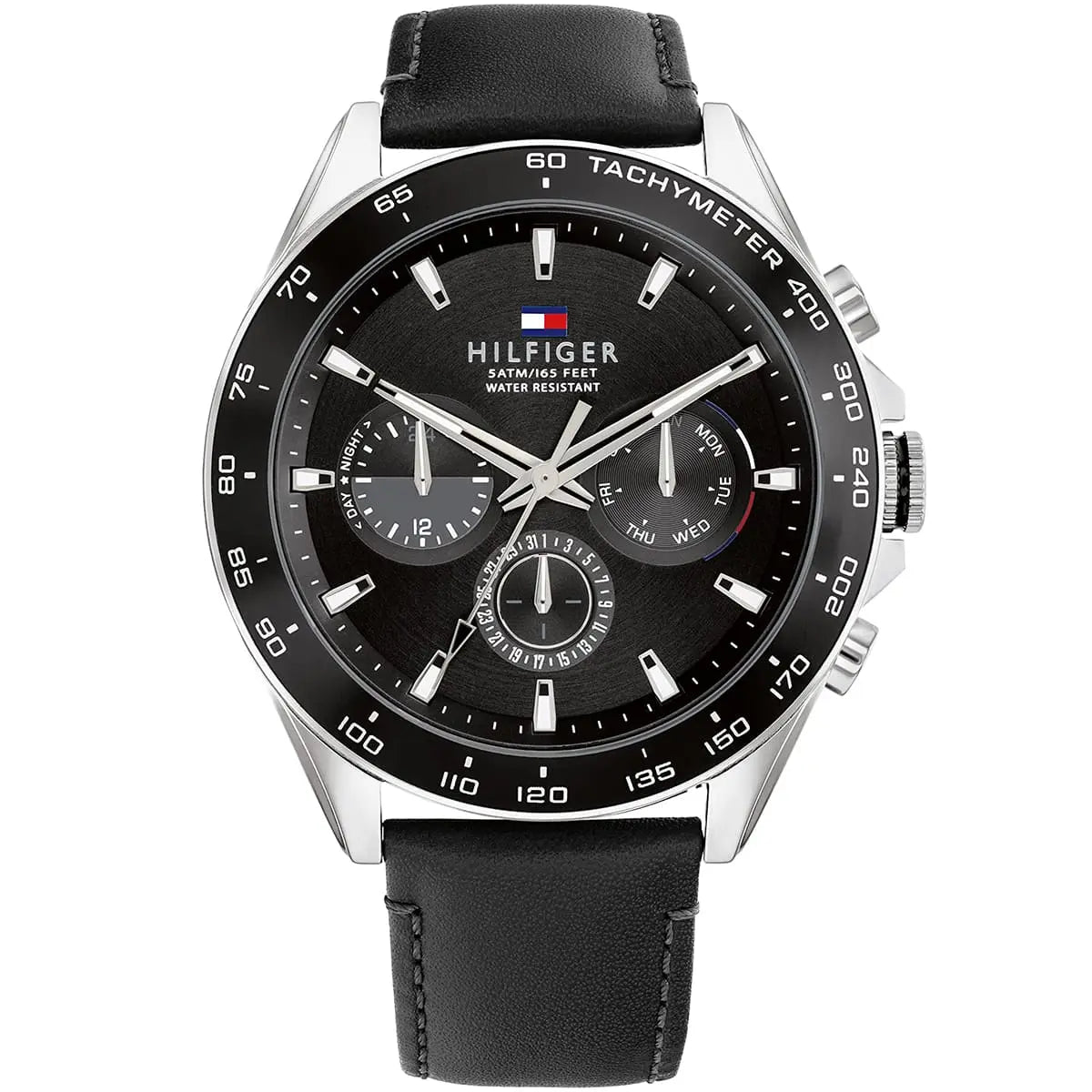 TOMMY HILFIGER 1791964 Owen Multifunction Men's Watch with black dial, silver-tone case, and black leather strap.