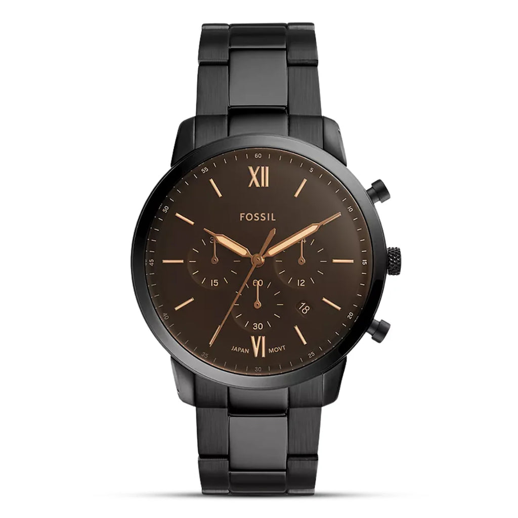FOSSIL FS5525 Neutra Chronograph Men's Watch with black stainless steel case, black dial, and black stainless steel bracelet.
