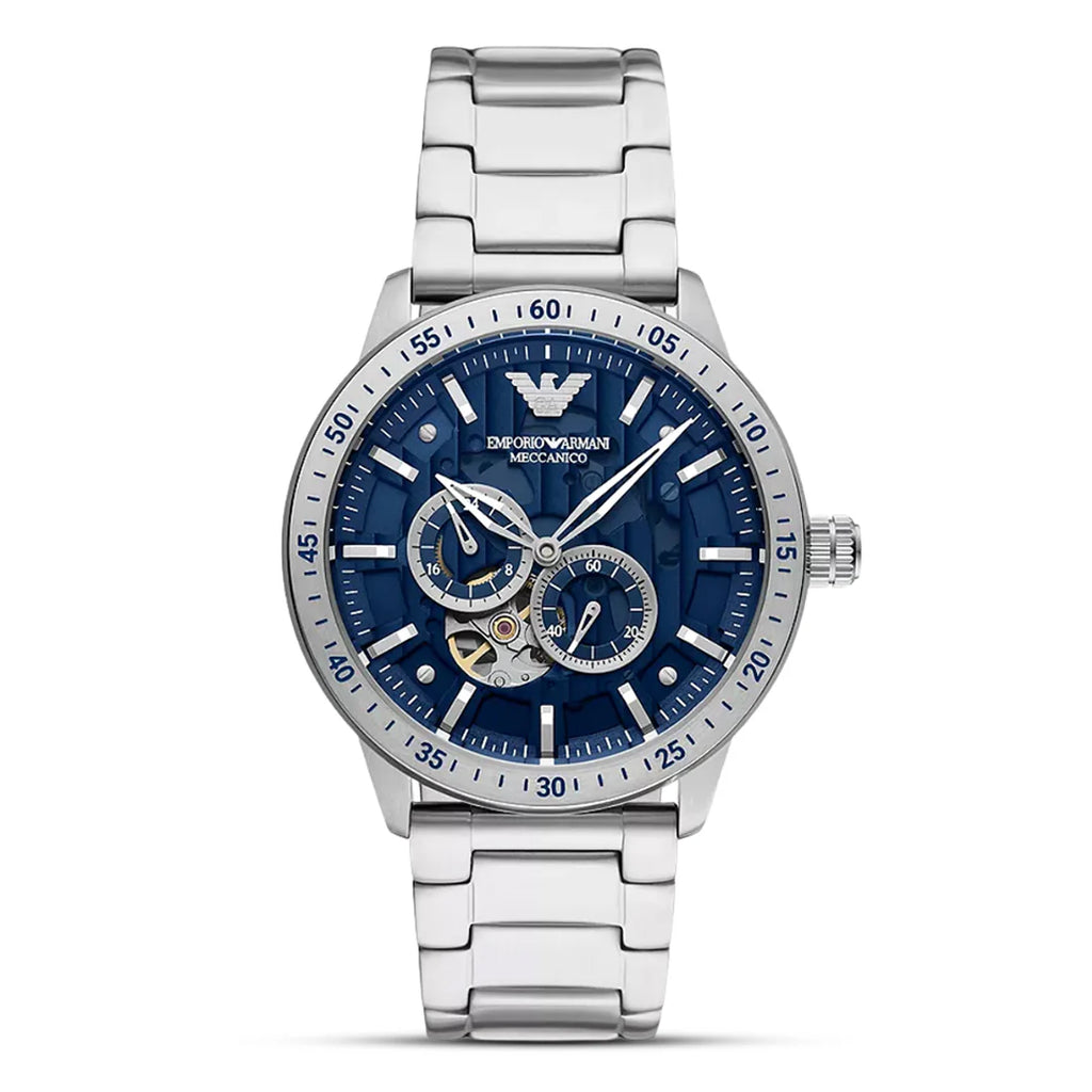 EMPORIO ARMANI AR60052 Mario Automatic Men's Watch with blue skeleton dial and silver stainless steel bracelet.