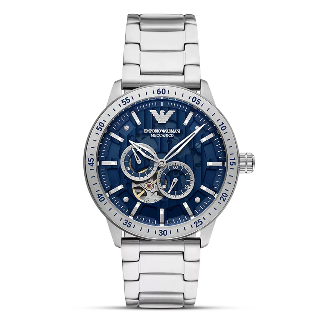 EMPORIO ARMANI AR60052 Mario Automatic Men's Watch with blue skeleton dial and silver stainless steel bracelet.