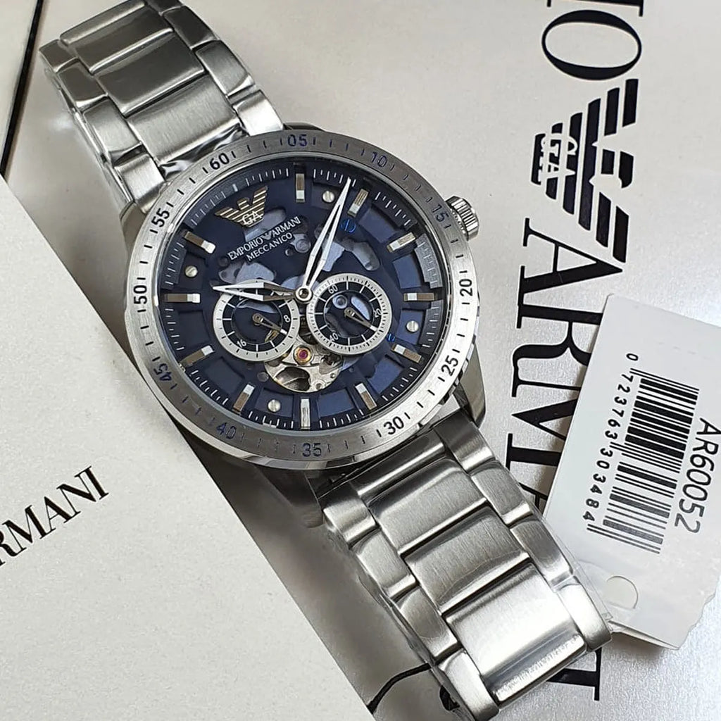 EMPORIO ARMANI AR60052 Mario Automatic Men's Watch with blue skeleton dial and silver stainless steel bracelet.
