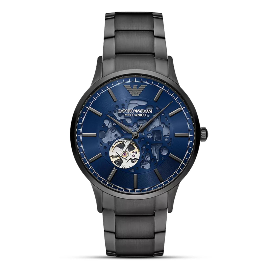 EMPORIO ARMANI AR60056 Renato Automatic Men's Watch with blue dial, gunmetal stainless steel case, and bracelet.