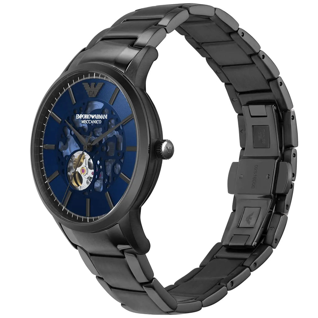 EMPORIO ARMANI AR60056 Renato Automatic Men's Watch with blue dial, gunmetal stainless steel case, and bracelet.