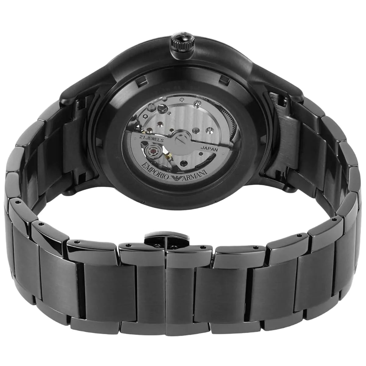 EMPORIO ARMANI AR60056 Renato Automatic Men's Watch with blue dial, gunmetal stainless steel case, and bracelet.