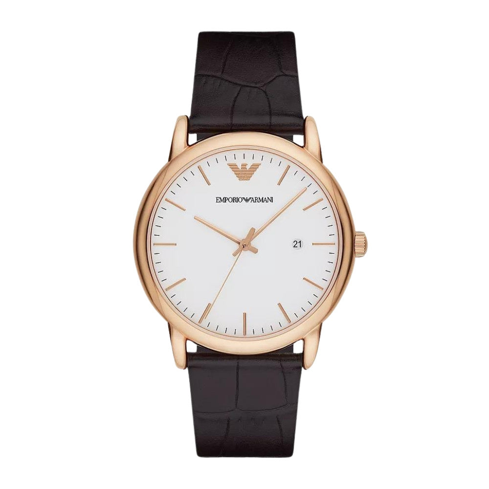 EMPORIO ARMANI AR2502 Luigi Men's Watch with rose gold case, white dial, and dark brown leather strap.

