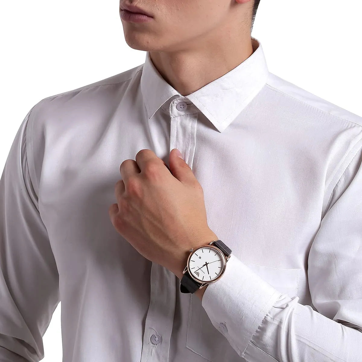 EMPORIO ARMANI AR2502 Luigi Men's Watch with rose gold case, white dial, and dark brown leather strap.

