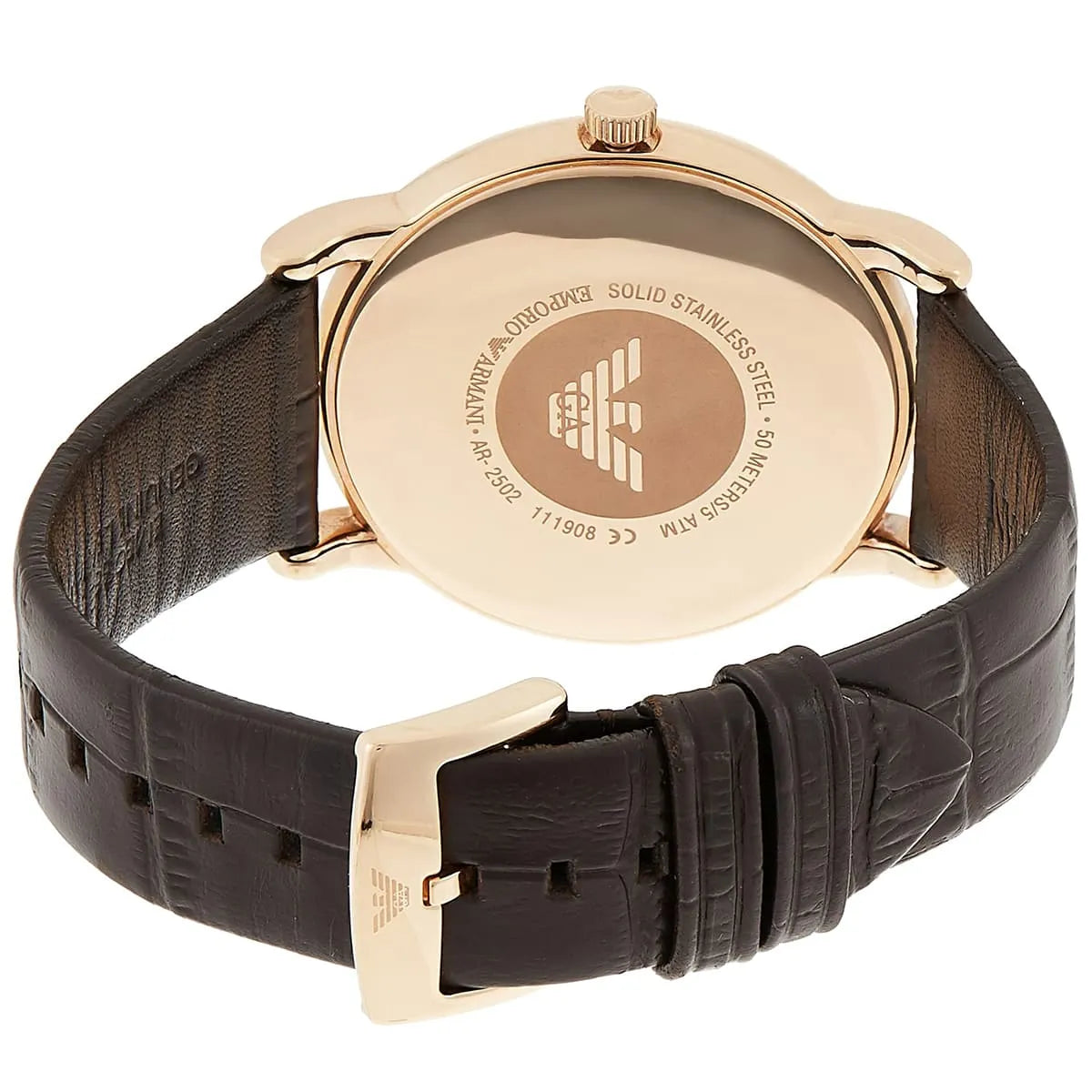 EMPORIO ARMANI AR2502 Luigi Men's Watch with rose gold case, white dial, and dark brown leather strap.
