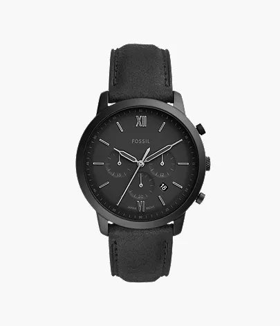 FOSSIL FS5503 Neutra Chronograph Men's Watch with black case, black dial, and black leather strap.
