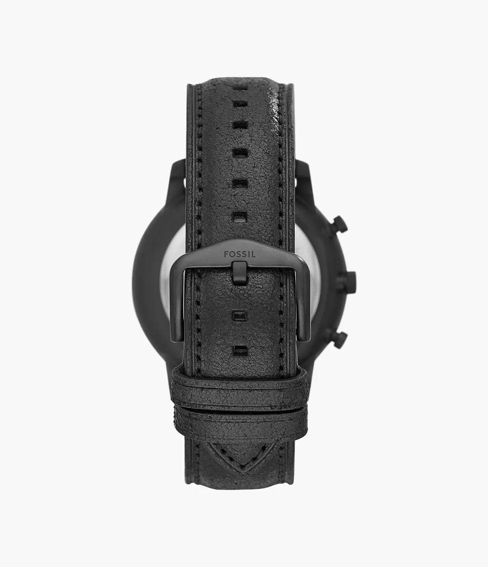 FOSSIL FS5503 Neutra Chronograph Men's Watch with black case, black dial, and black leather strap.
