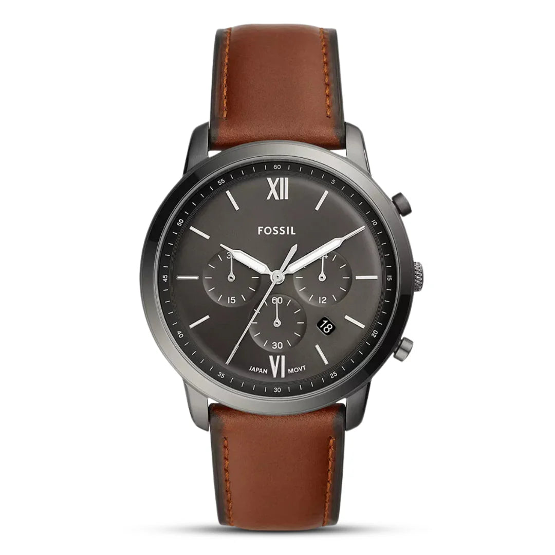 FOSSIL FS5512 Neutra Chronograph Men's Watch with smoke/gunmetal case, grey dial, and amber brown leather strap.

