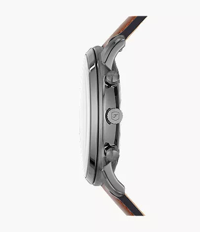 FOSSIL FS5512 Neutra Chronograph Men's Watch with smoke/gunmetal case, grey dial, and amber brown leather strap.
