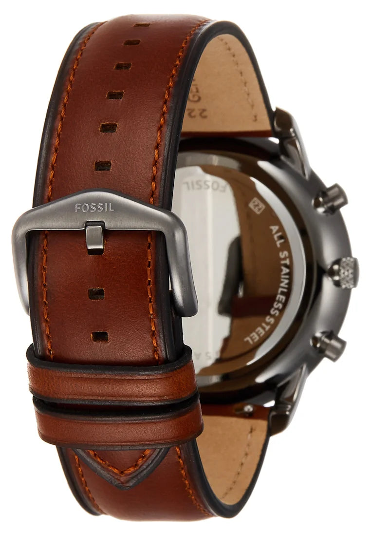 FOSSIL FS5512 Neutra Chronograph Men's Watch with smoke/gunmetal case, grey dial, and amber brown leather strap.

