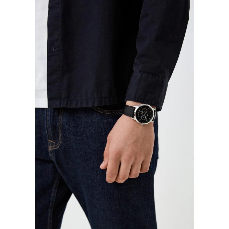 Men's Watch with black dial, silver case, and black leather strap.
