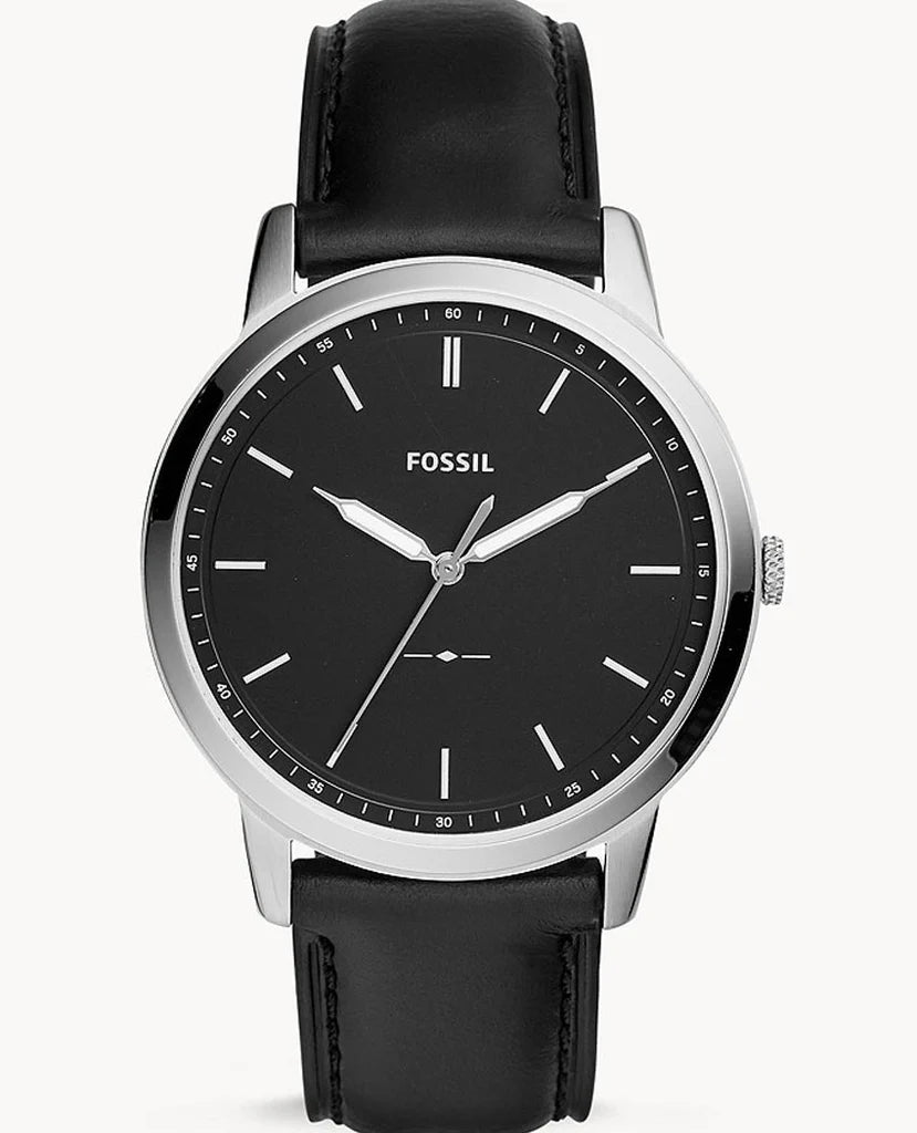 FOSSIL FS5398 The Minimalist Men's Watch with black dial, silver case, and black leather strap.