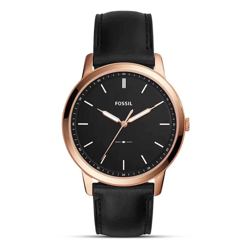 FOSSIL FS5376 The Minimalist Men's Watch with rose gold-tone case, black dial, and black leather strap.