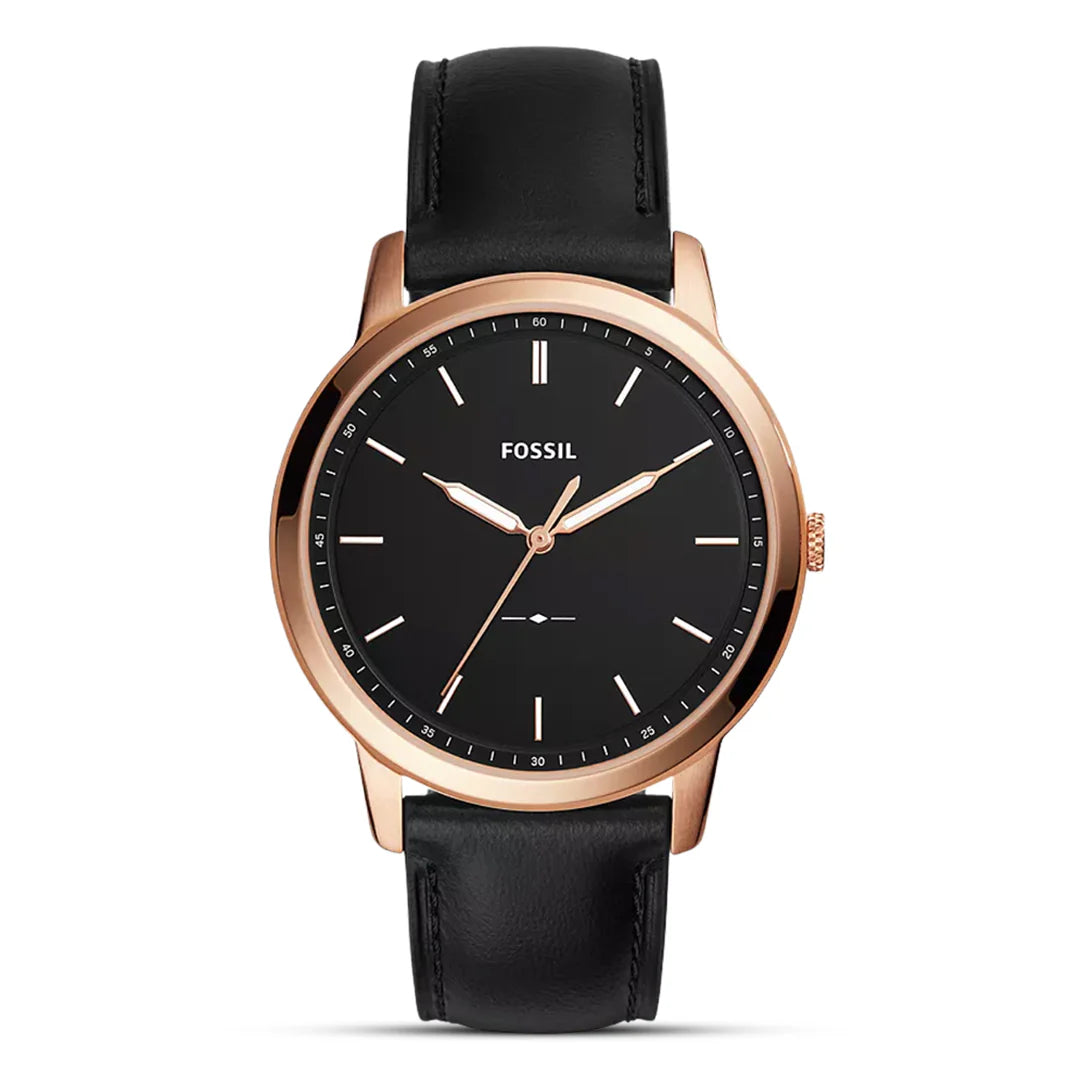 FOSSIL FS5376 The Minimalist Men's Watch with rose gold-tone case, black dial, and black leather strap.