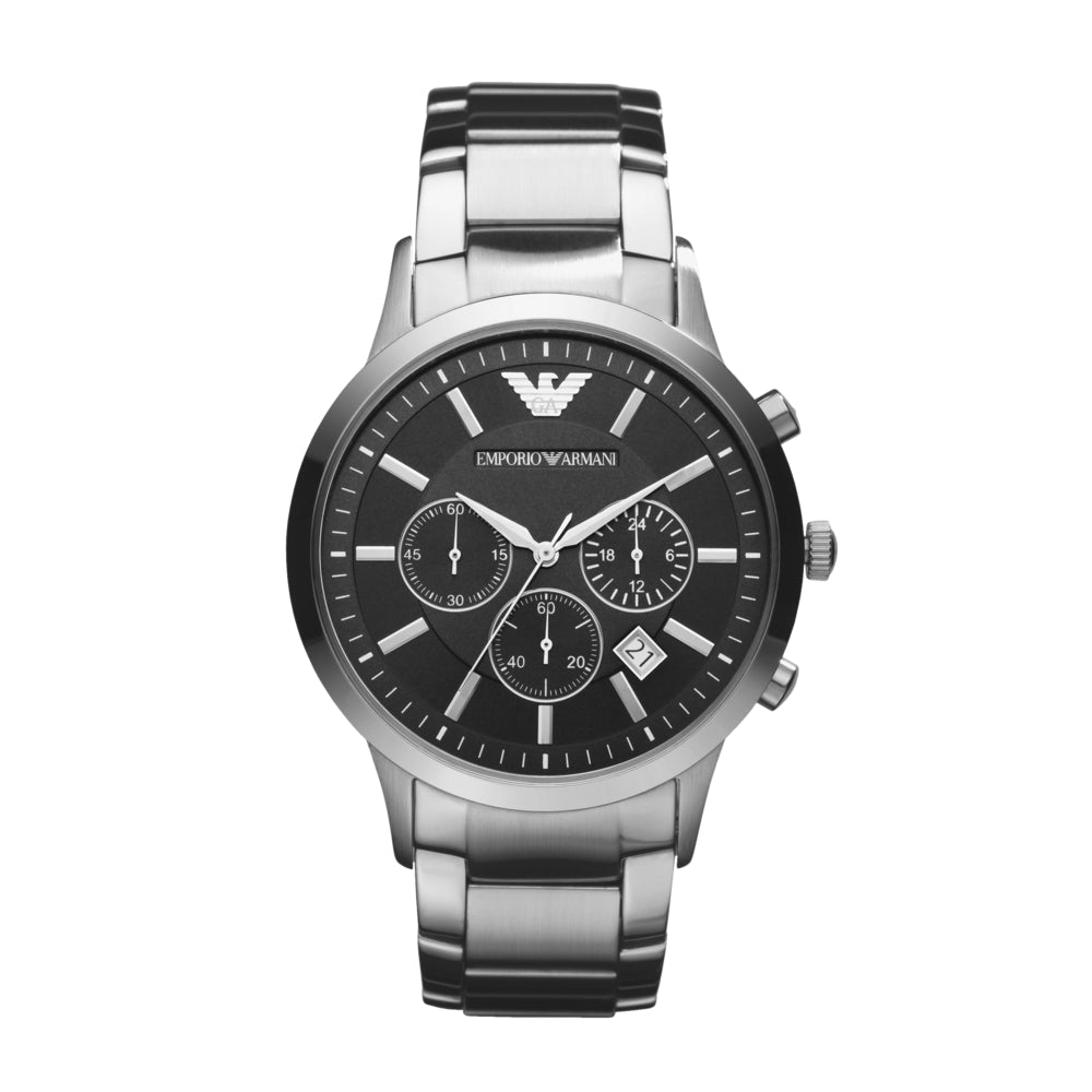 EMPORIO ARMANI AR2434 Renato Chronograph Men's Watch with black dial and silver stainless steel bracelet.