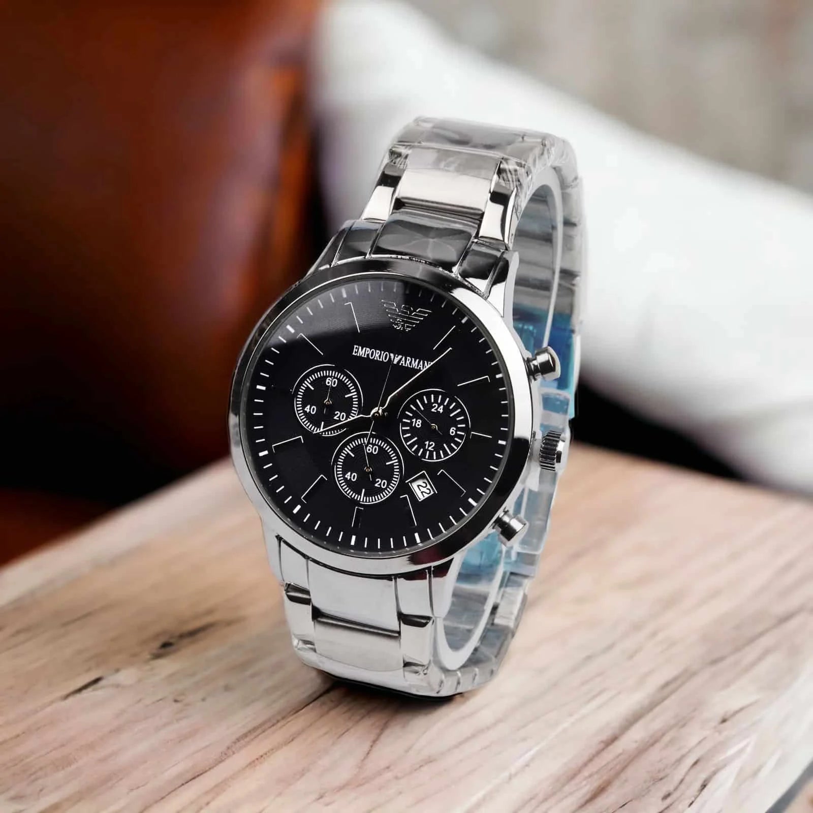 EMPORIO ARMANI AR2434 Renato Chronograph Men's Watch with black dial and silver stainless steel bracelet.