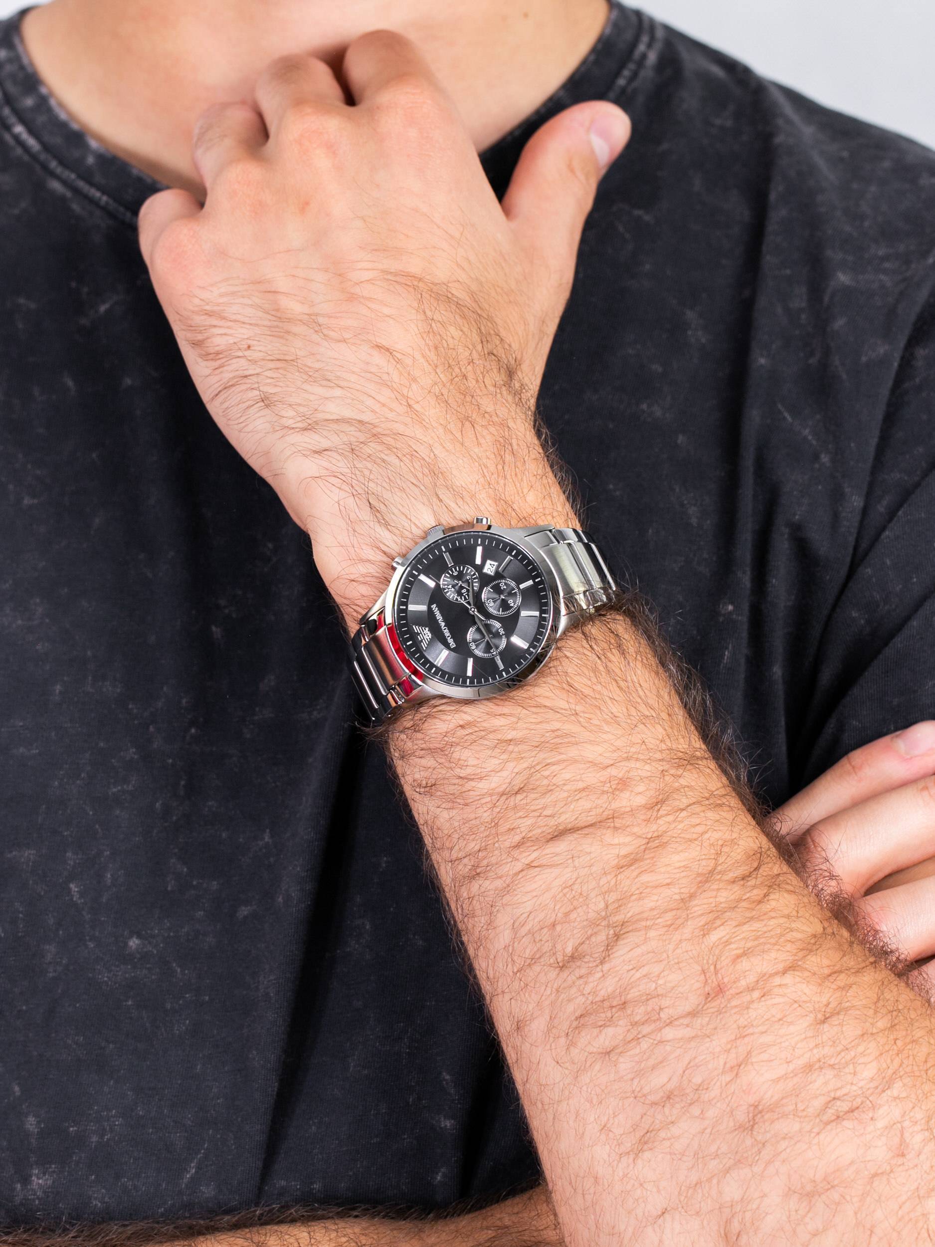 EMPORIO ARMANI AR2434 Renato Chronograph Men's Watch with black dial and silver stainless steel bracelet.