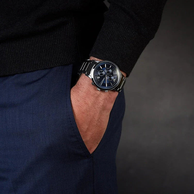 EMPORIO ARMANI AR11164 Renato Chronograph Men's Watch with blue dial and silver stainless steel bracelet.

