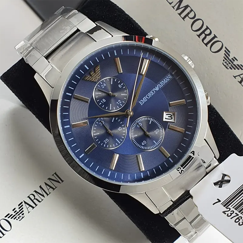 EMPORIO ARMANI AR11164 Renato Chronograph Men's Watch with blue dial and silver stainless steel bracelet.

