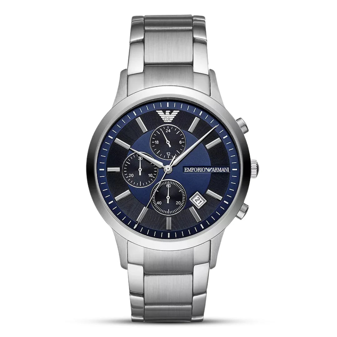 EMPORIO ARMANI AR11164 Renato Chronograph Men's Watch with blue dial and silver stainless steel bracelet.
