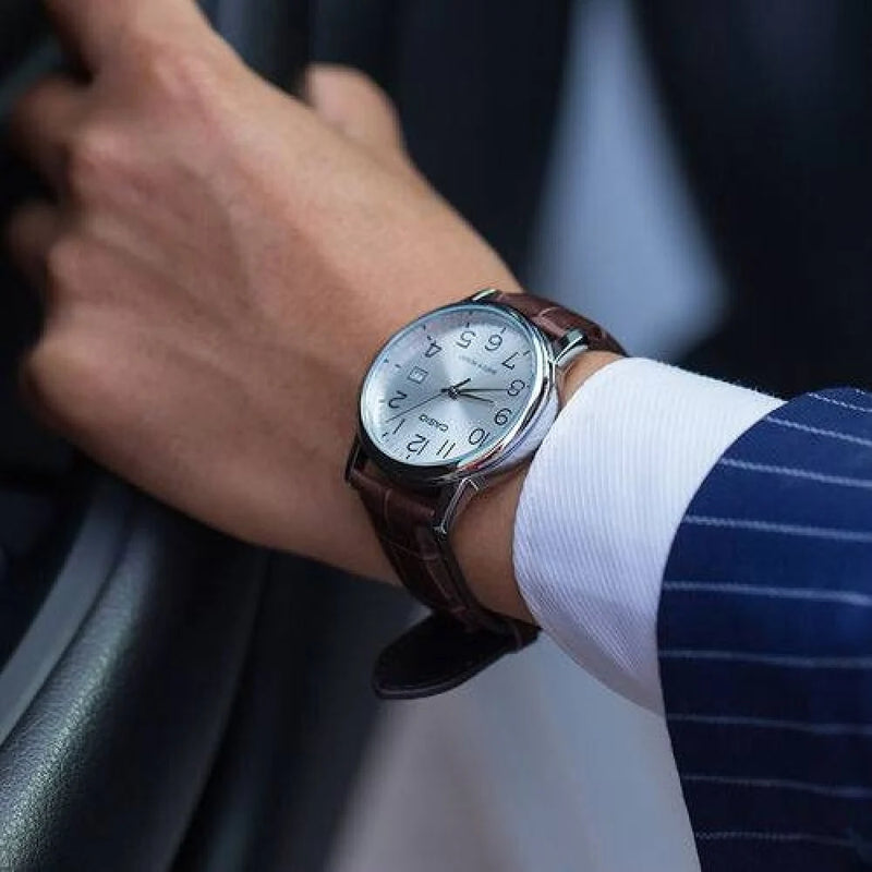 Casio MTP-V002L-7B2 Men’s Brown Leather Watch with White Dial | MTP-V002L-7B2