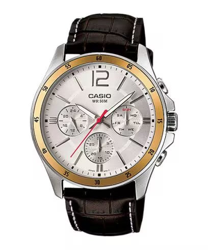 Casio 1374L-7A Men’s Brown Leather Watch with White Dial | 1374L-7A
