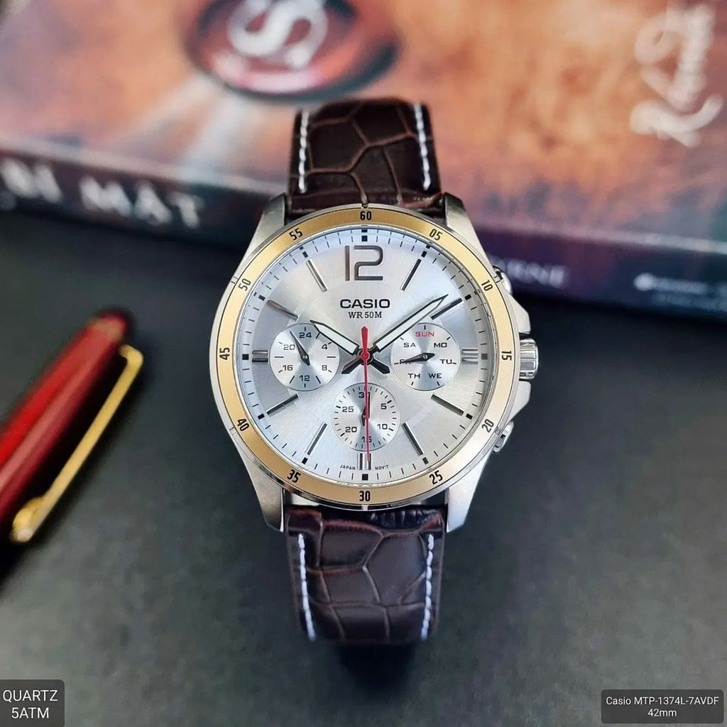 Casio 1374L-7A Men’s Brown Leather Watch with White Dial | 1374L-7A