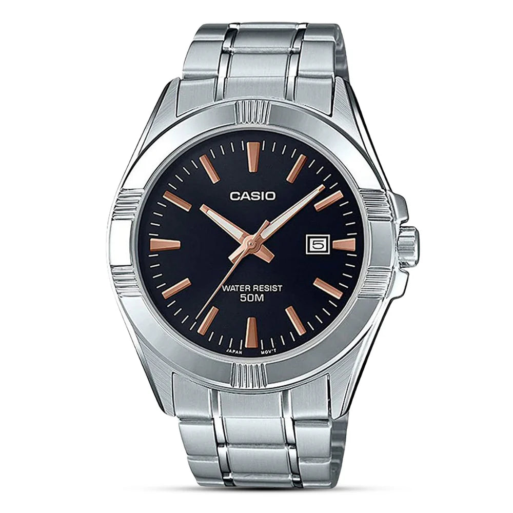 Casio MTP-1308D-1A2 Men’s Silver Stainless Steel Watch with Black Dial | MTP-1308D-1A2
