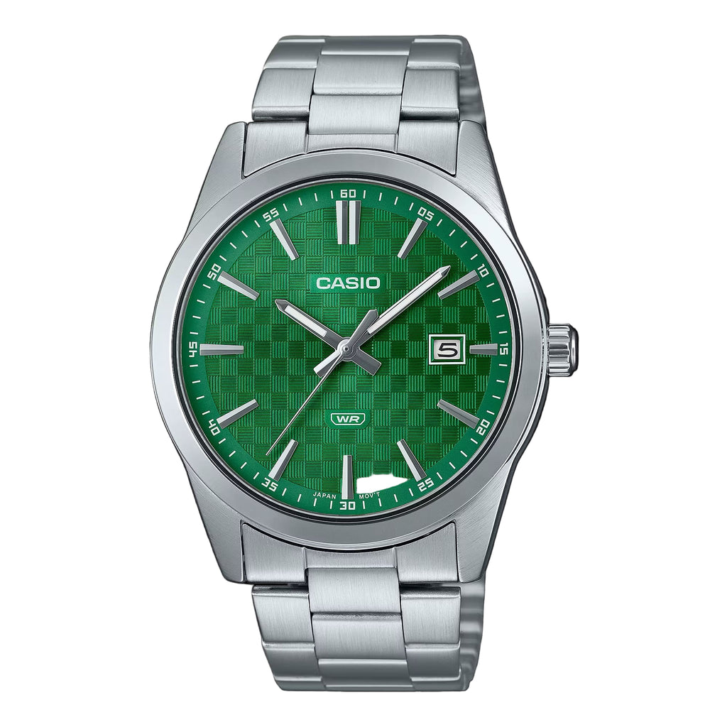 Casio MTP-VD03D-3A1 Men’s Silver Stainless Steel Watch with Green Dial | Casio MTP-VD03D-3A1