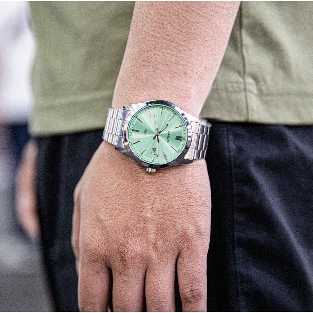 Casio MTP-VD03D-3A2 Men’s Silver Stainless Steel Watch with Mint Green Dial| Casio MTP-VD03D-3A2