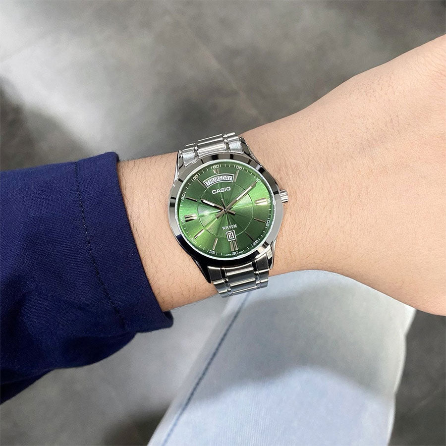 Casio MTP-1381D-3A Men’s Silver Stainless Steel Watch with Green Dial| Casio MTP-1381D-3A