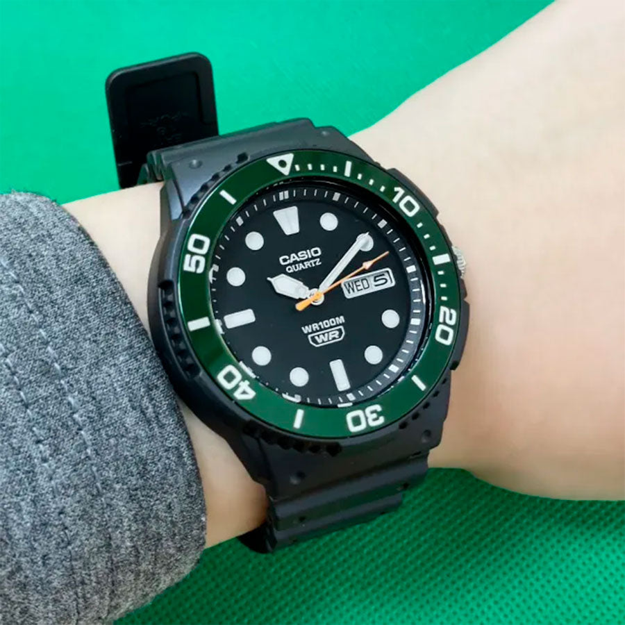 Casio MRW-230H-1E3V Men’s Black Resin Watch with Black Dial and Green Bezel| Casio MRW-230H-1E3V