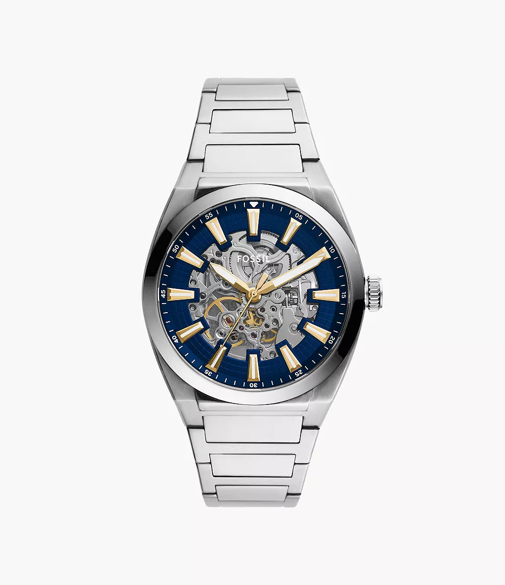 FOSSIL ME3220 Everett Automatic Men's Watch with blue skeleton dial and silver stainless steel bracelet.