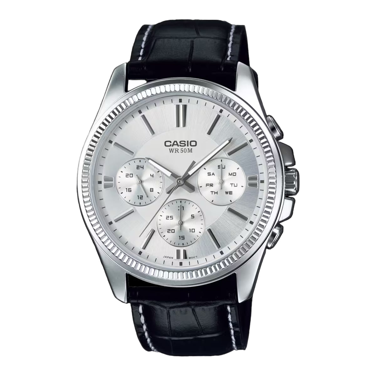 Casio MTP-1375L-7AV Men’s 43 mm Chronograph – White Dial & Black Leather Strap