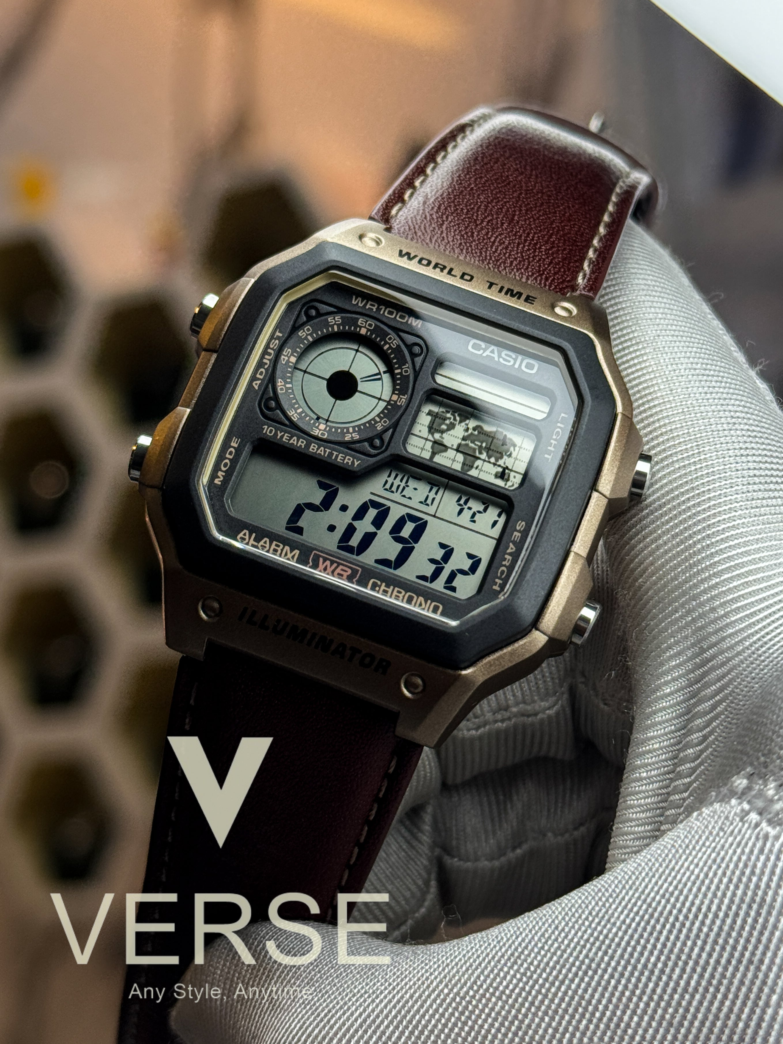 Casio AE-1200WHL “Royale Leather” World Time Digital Watch – Brown Strap