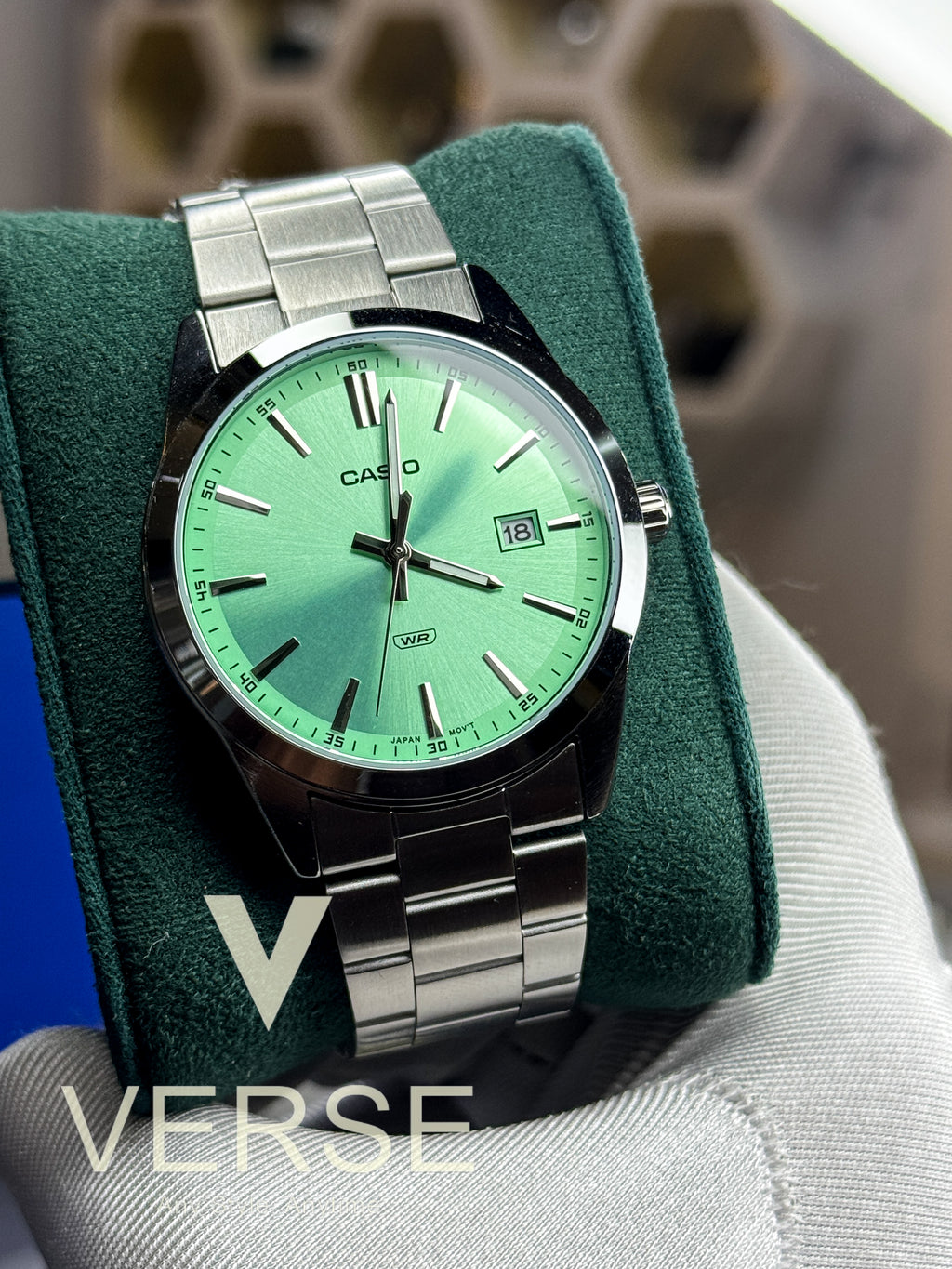 Casio MTP-VD03D-3A2 Men’s Silver Stainless Steel Watch with Mint Green Dial| Casio MTP-VD03D-3A2