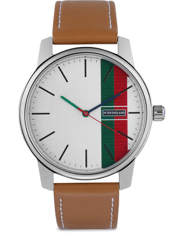 Peter England PE000006A men’s analog watch white silver dial green red stripe tan leather strap