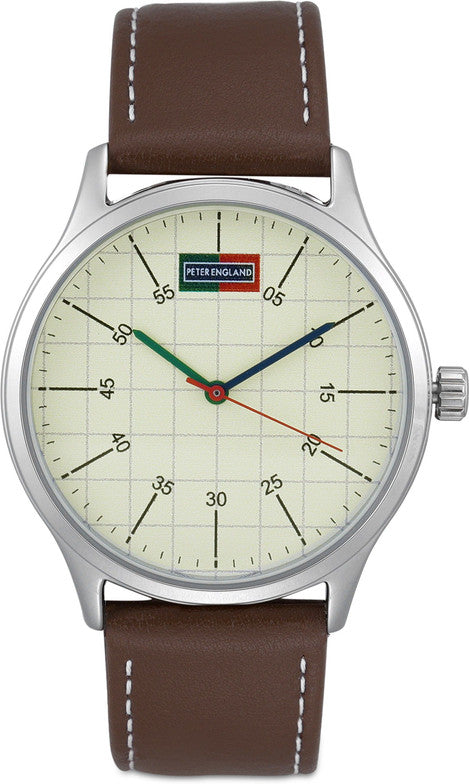 Peter England PE000011B men’s analog watch white beige chequered dial brown leather strap