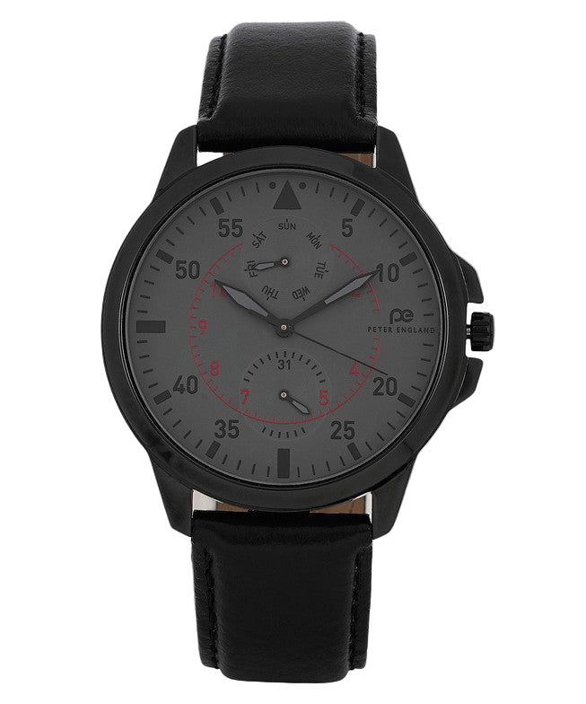 Peter England PE000065D men’s analog watch grey dial with red accents black leather strap