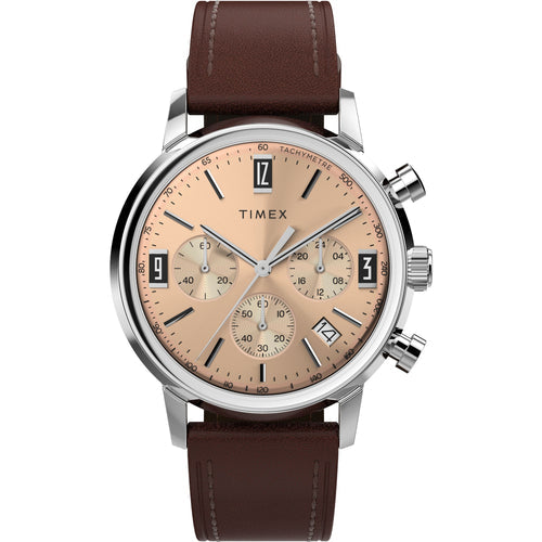 Timex Marlin Quartz Chronograph with salmon/rose-gold dial and caramel brown strap